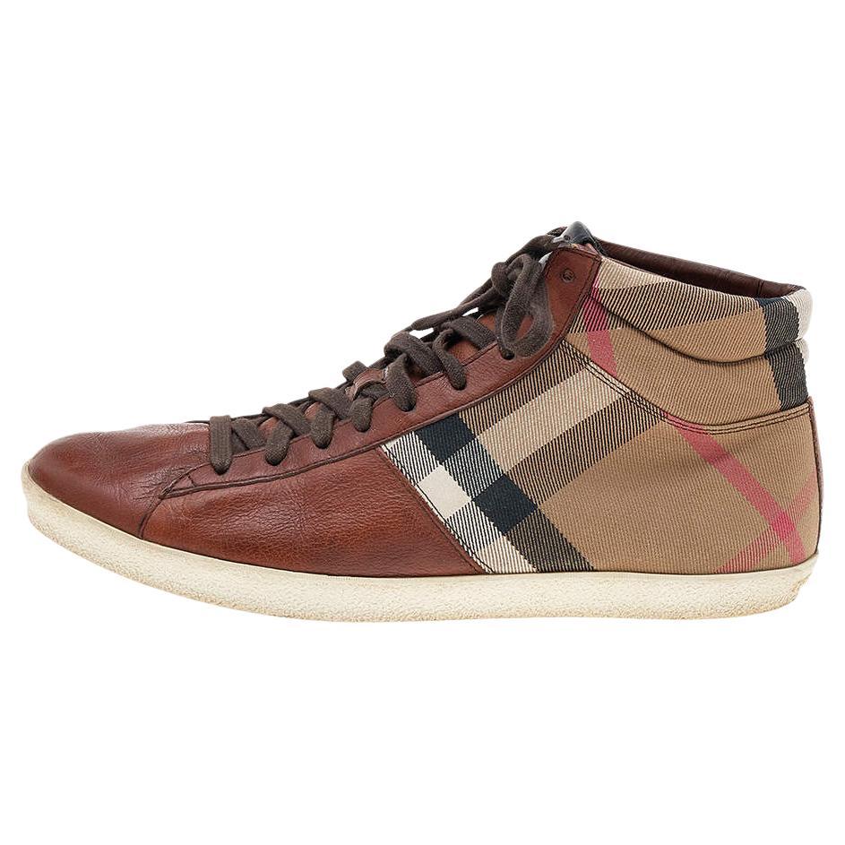 Burberry Brown Leather And Check Canvas High Top Sneakers Size 44 For Sale