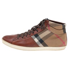 Used Burberry Brown Leather And Check Canvas High Top Sneakers Size 44