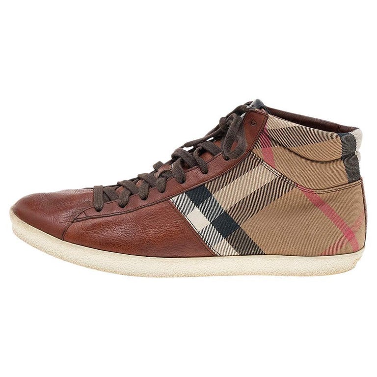 Burberry Brown Leather And Check Canvas High Top Sneakers  display picture 2