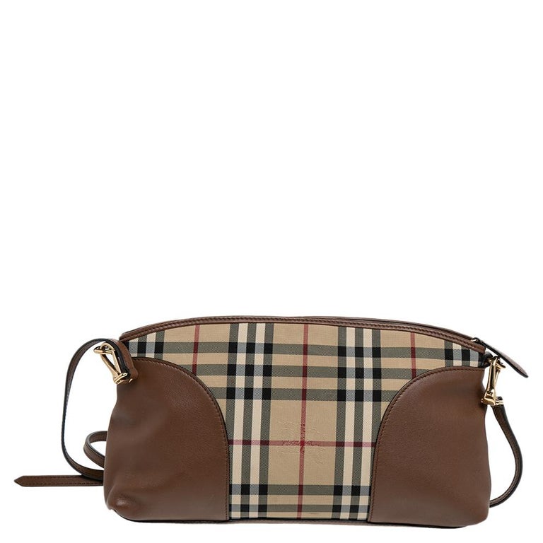 Burberry Brown Leather And Horseferry Check Canvas Small Chichester