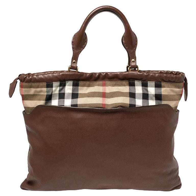 Burberry Brown Leather and House Check Canvas Big Crush Tote at 1stDibs