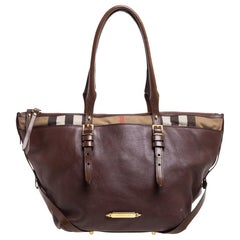 Burberry Brown Leather and House Check Canvas Zip Tote