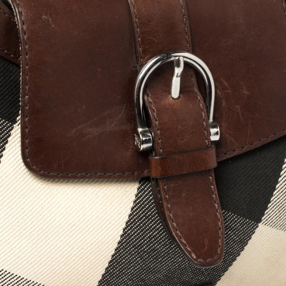 Burberry Brown Leather and Mega Check Canvas Buckle Flap Shoulder Bag In Fair Condition In Dubai, Al Qouz 2