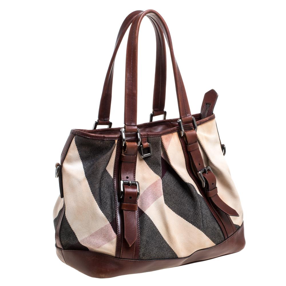 Black Burberry Brown Leather and Mega Check Canvas Lowry Tote