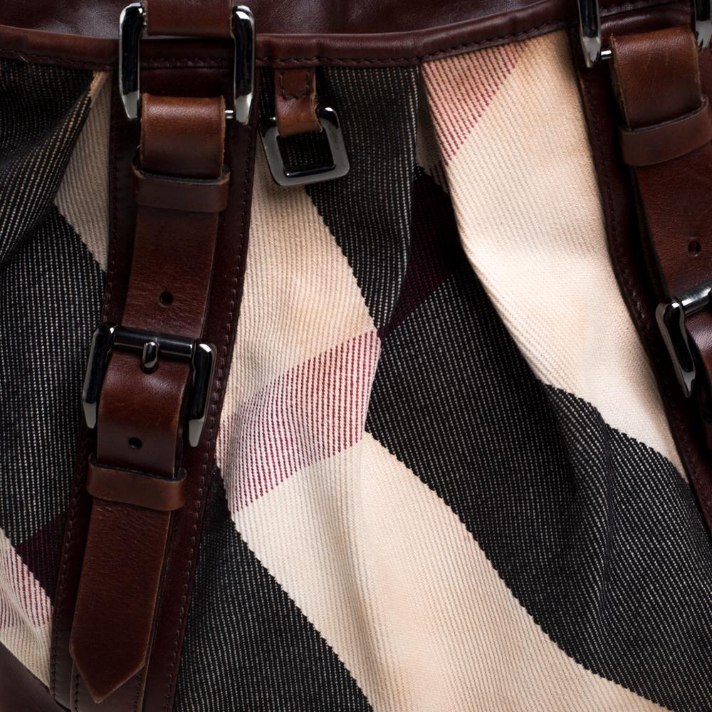 Burberry Brown Leather and Mega Check Canvas Lowry Tote 2