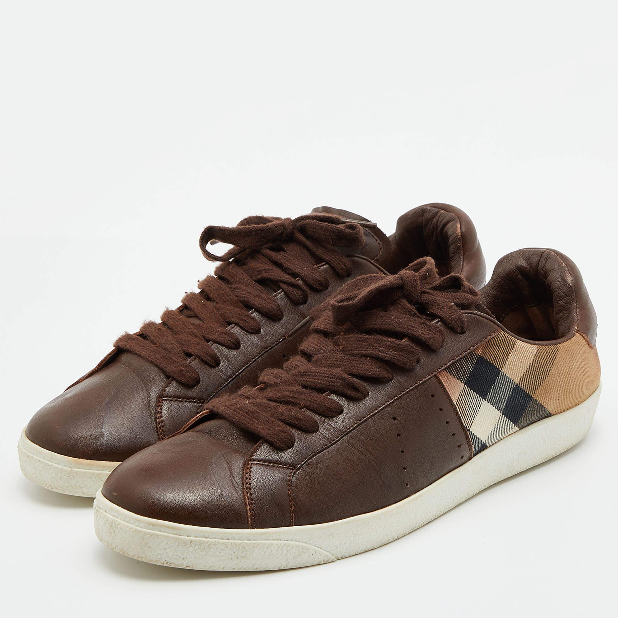 Black Burberry Brown Leather and Nova Check Canvas Low Top Sneakers Size 45