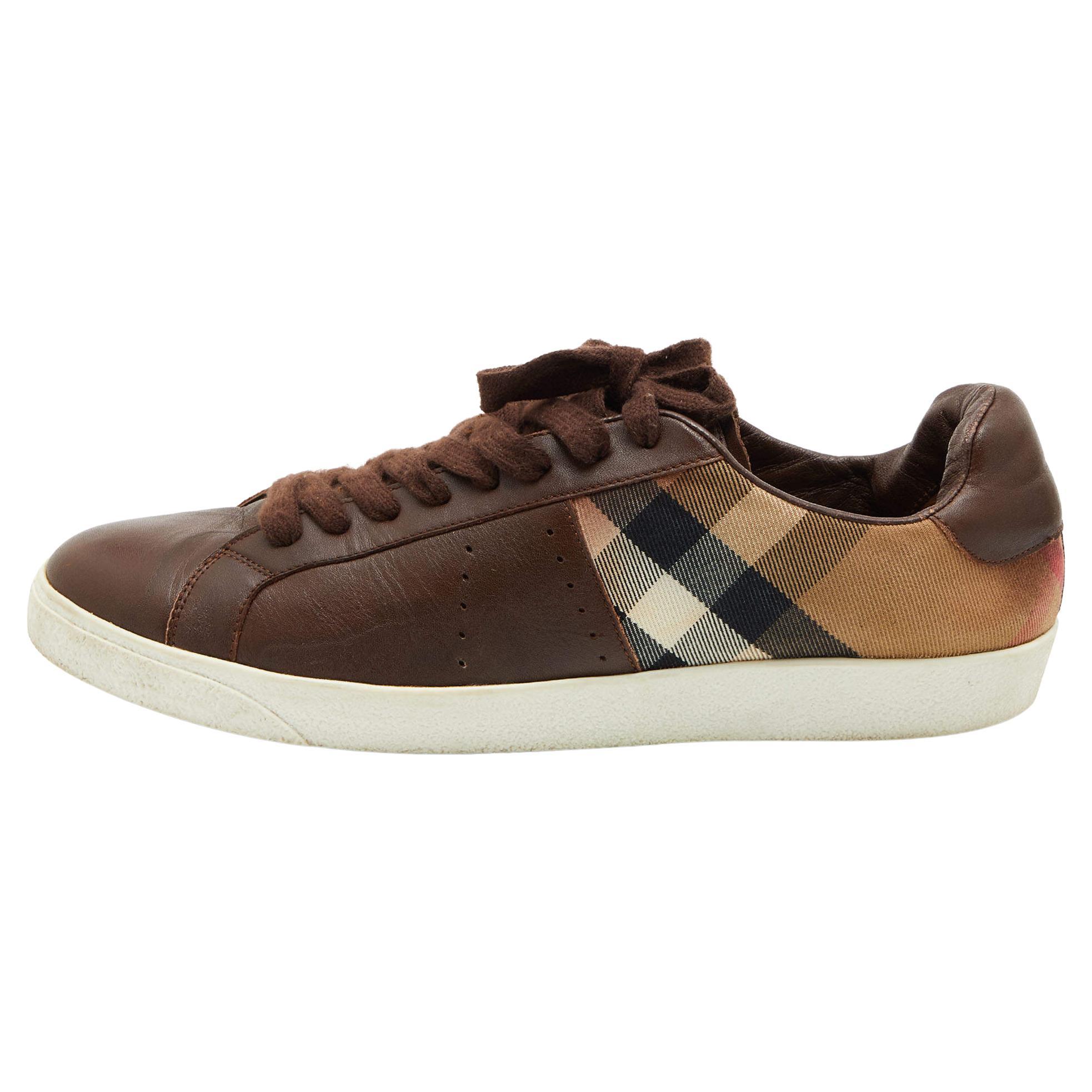 Burberry Brown Leather and Nova Check Canvas Low Top Sneakers Size 45