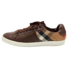 Burberry Brown Leather and Nova Check Canvas Low Top Sneakers Size 45