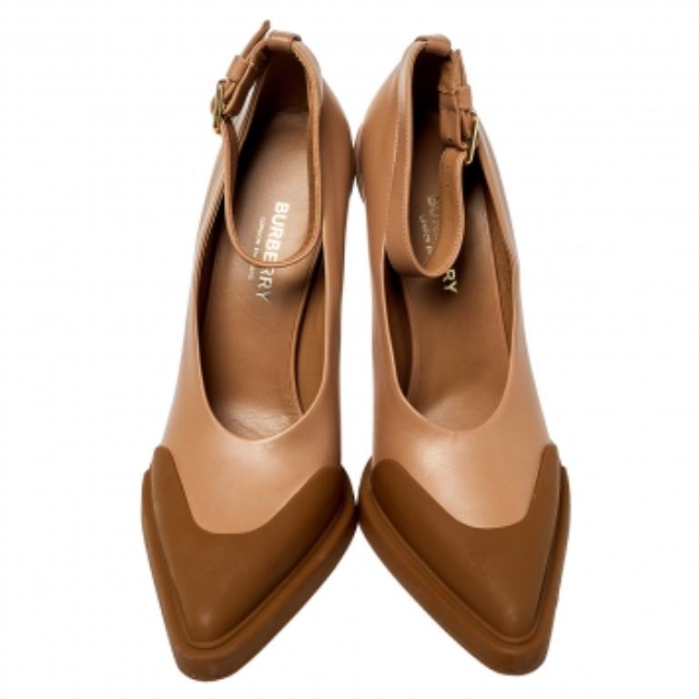 Burberry Brown Leather And Rubber Evan Ankle Strap Pumps Size 38.5 For Sale 1
