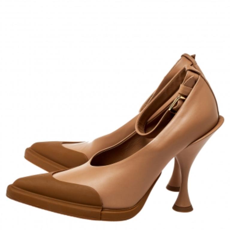 Burberry Brown Leather And Rubber Evan Ankle Strap Pumps Size 38.5 For Sale 2