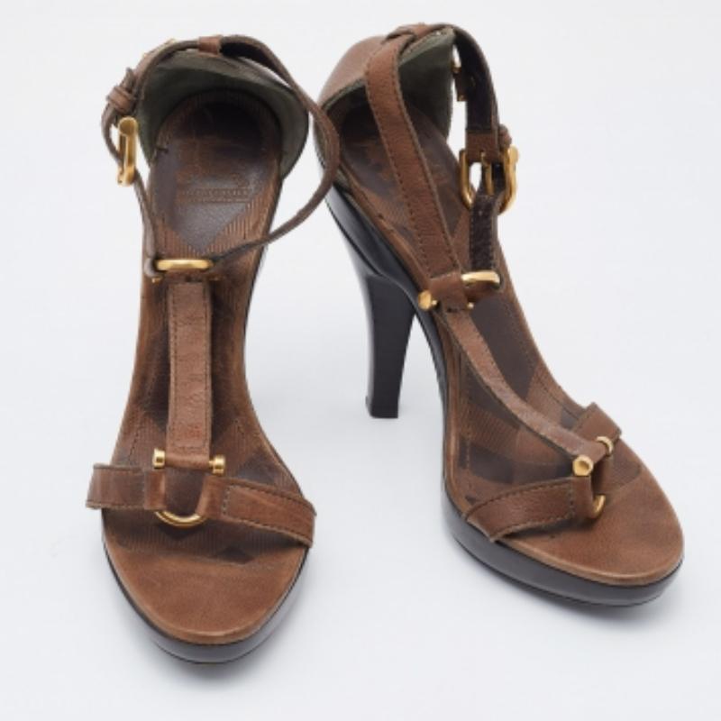 Gris Burberry - Sandales à plateforme en cuir Brown - Taille 37 en vente