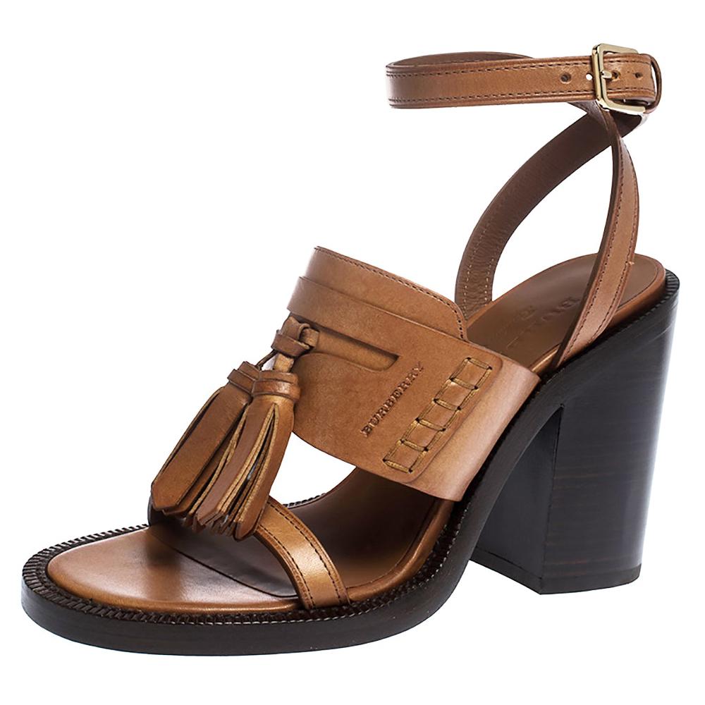 Burberry Cognac Brown Leather Bethany Tassel Detail Flat Sandals Size