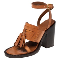 Burberry Brown Leather Bethany Tassel Detail Block Heel Sandals Size 37