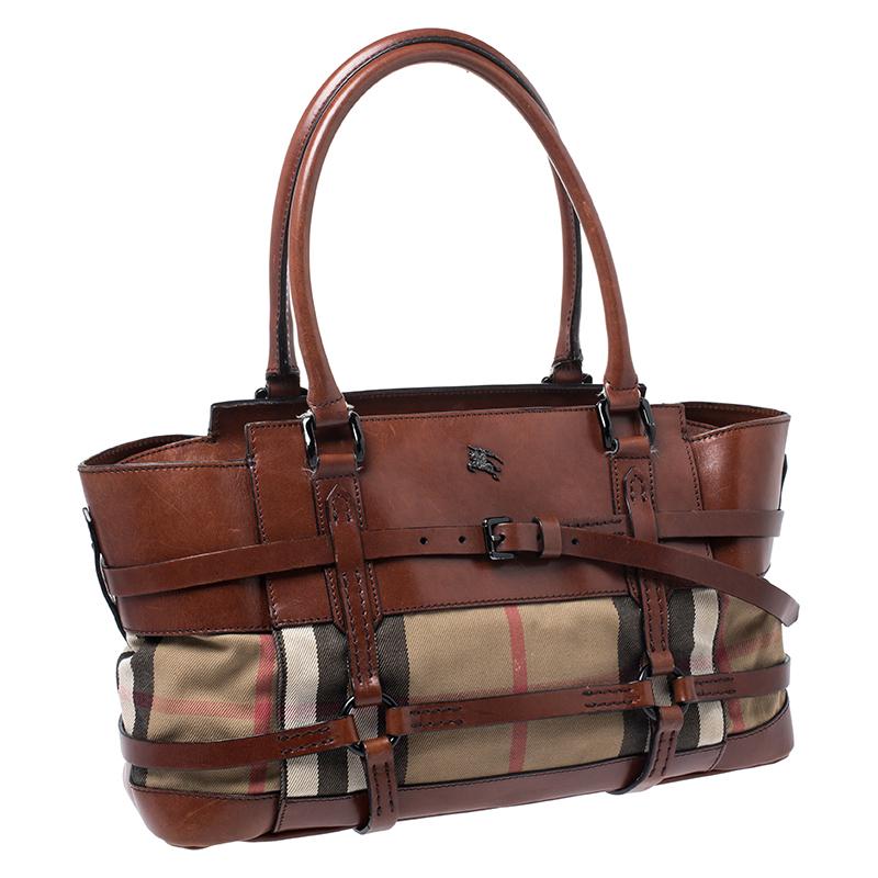 Women's Burberry Brown Leather Bridle House Check Canvas Satchel
