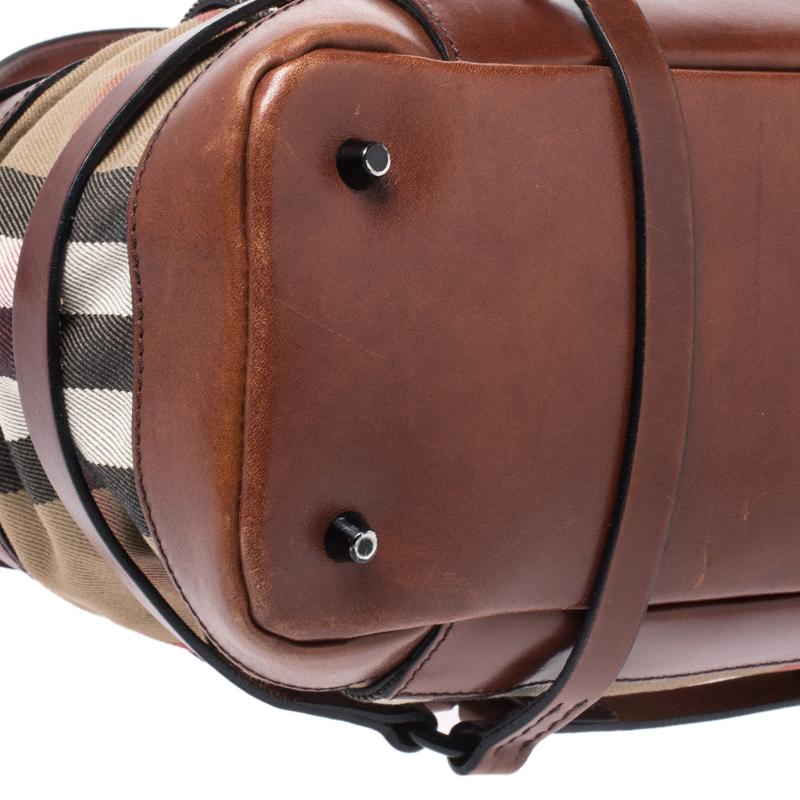 Burberry Brown Leather Bridle House Check Canvas Satchel 3