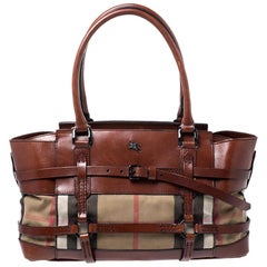 Burberry Brown Leather Bridle House Check Canvas Satchel