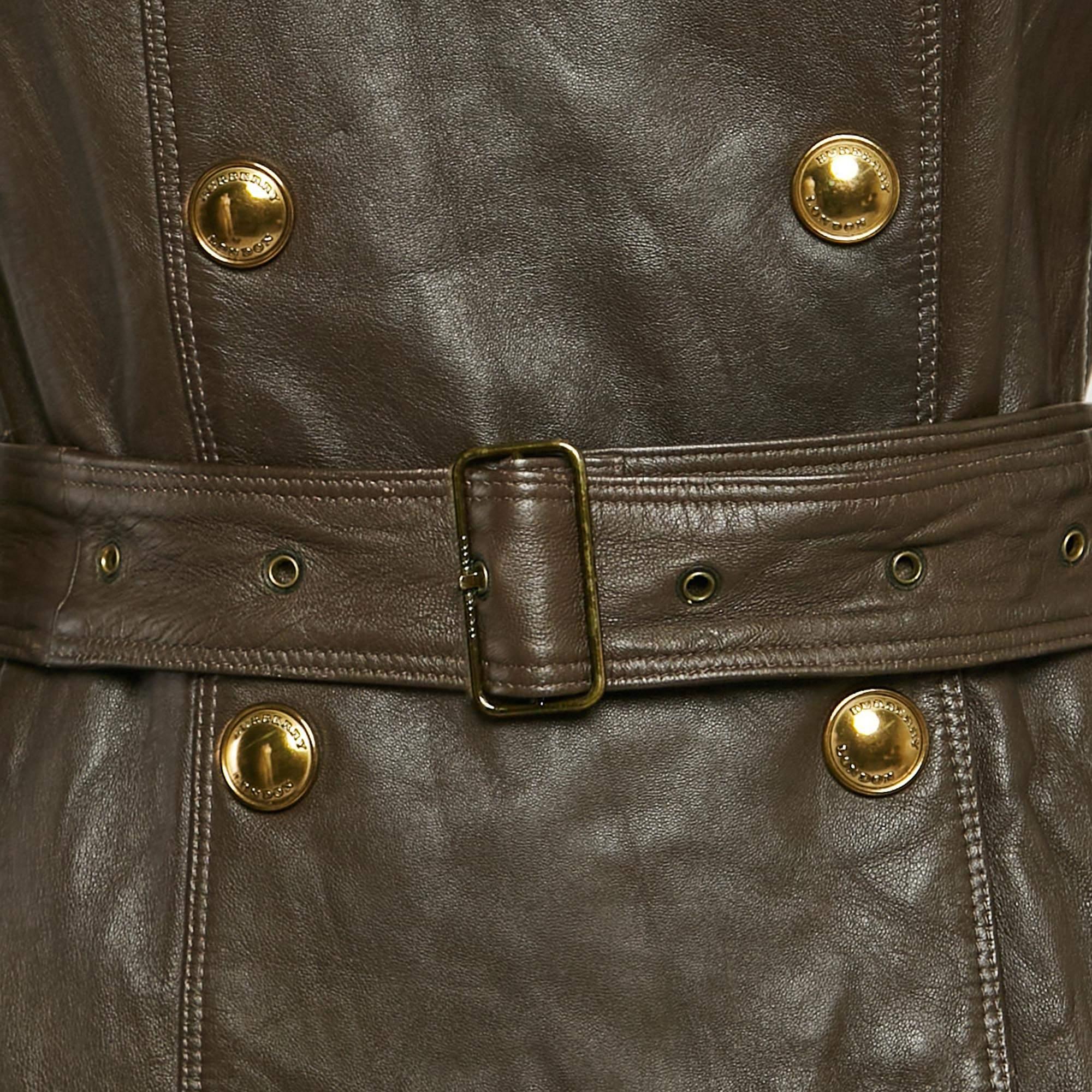 Black Burberry Brown Leather Double Breasted Trench Coat S