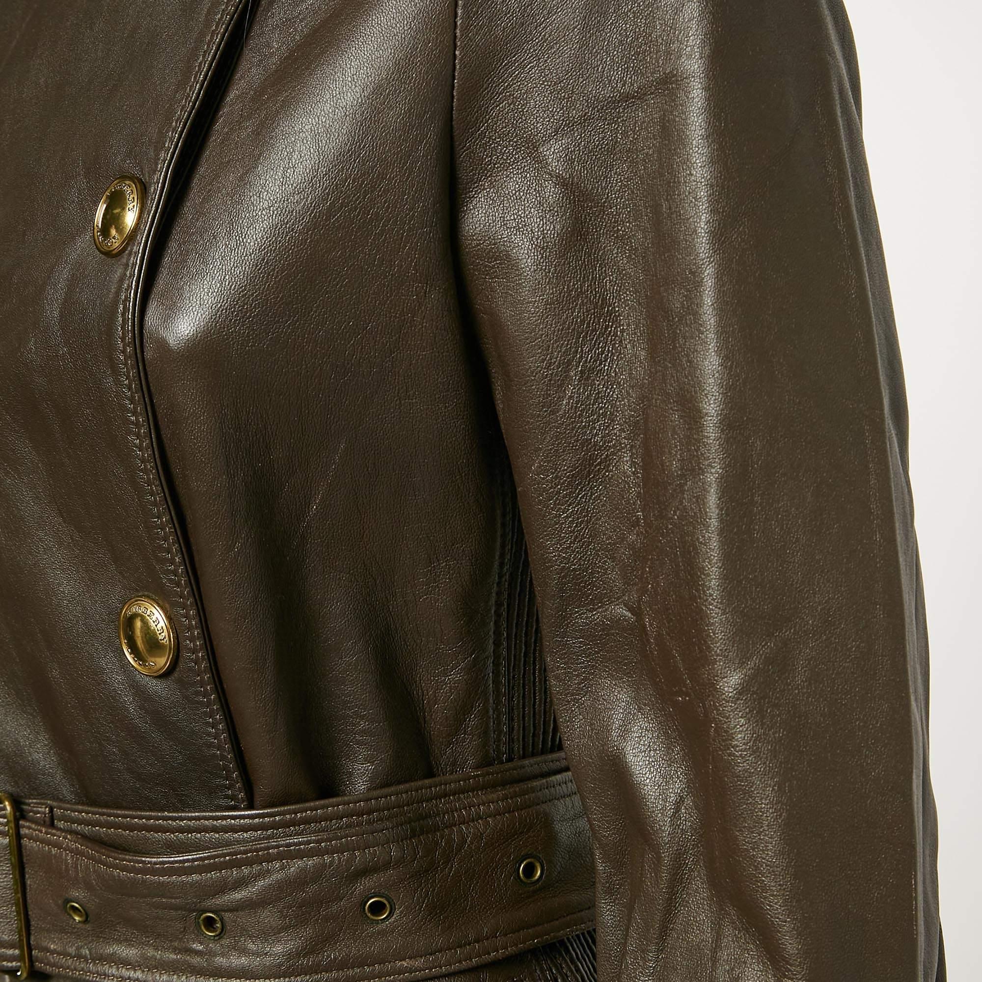 Burberry Brown Leather Double Breasted Trench Coat S 1
