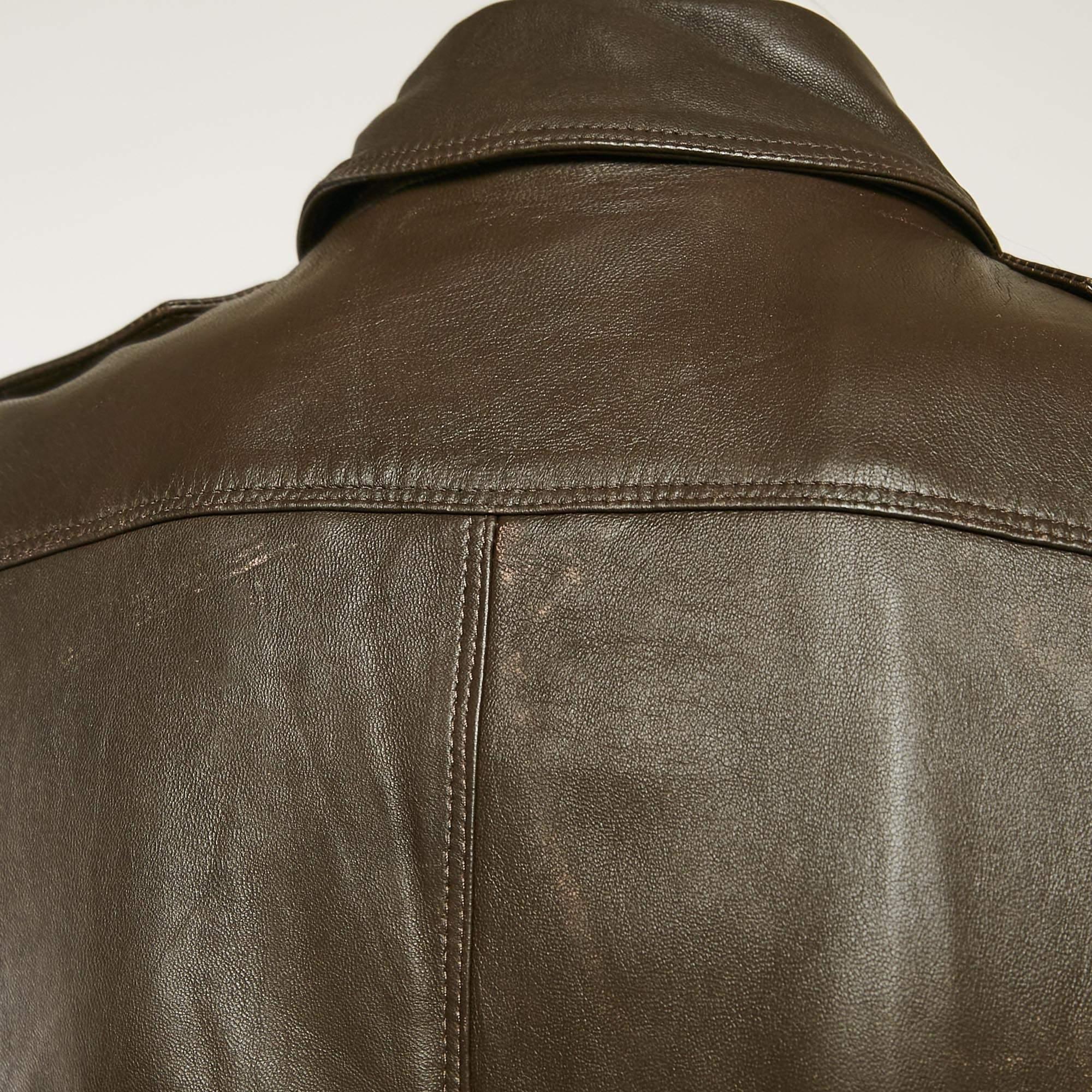 Burberry Brown Leather Double Breasted Trench Coat S 2