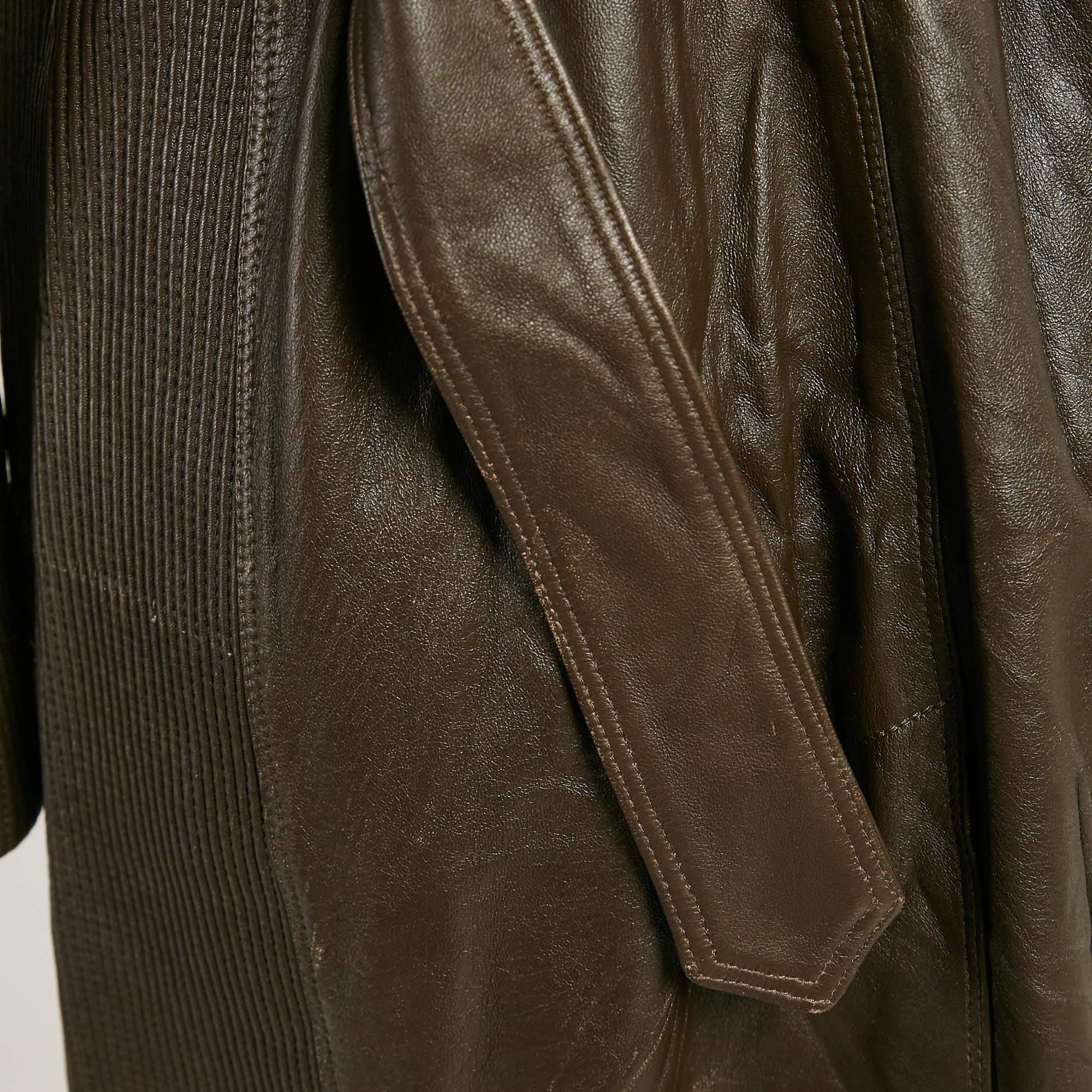Burberry Brown Leather Double Breasted Trench Coat S 3