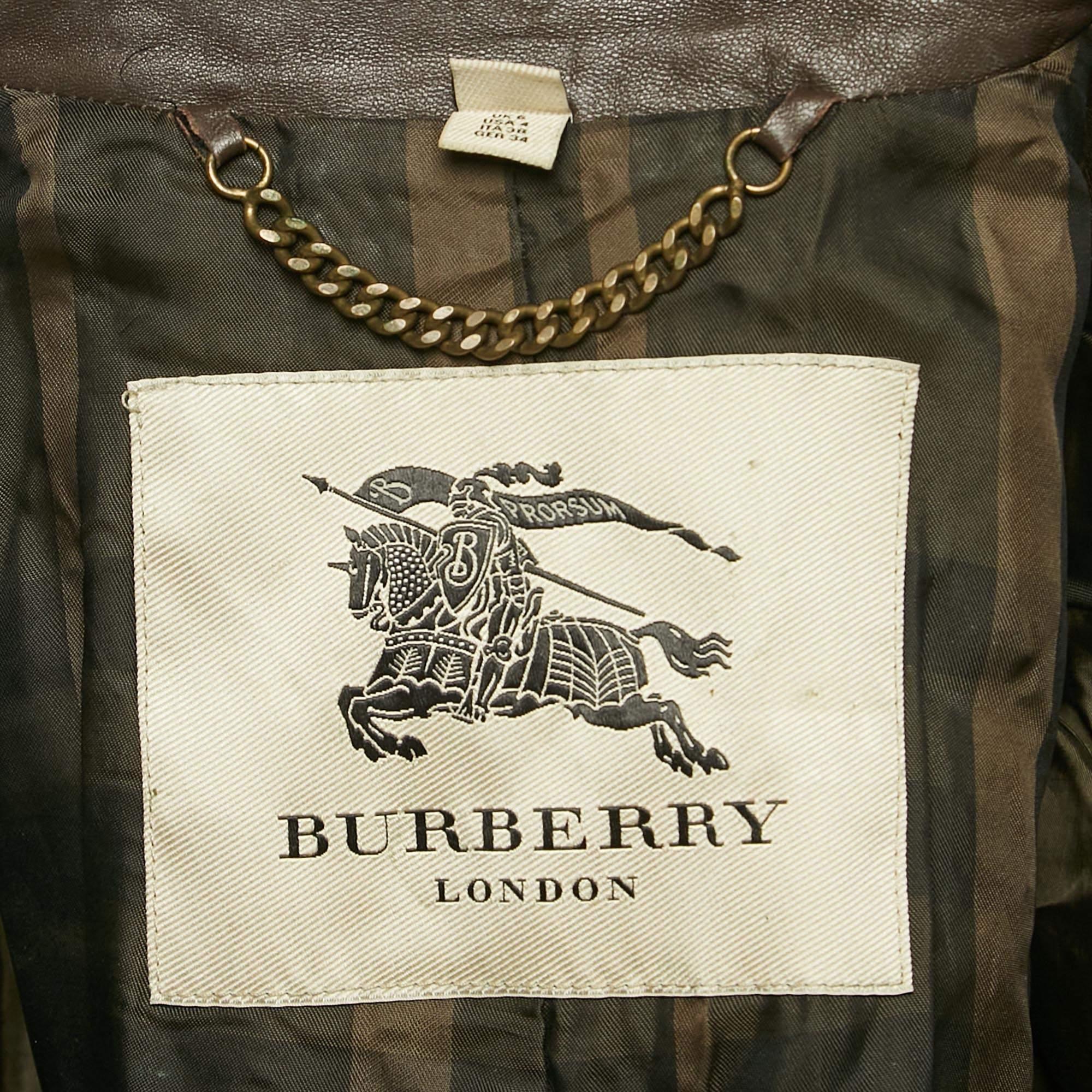 Burberry Brown Leather Double Breasted Trench Coat S 4