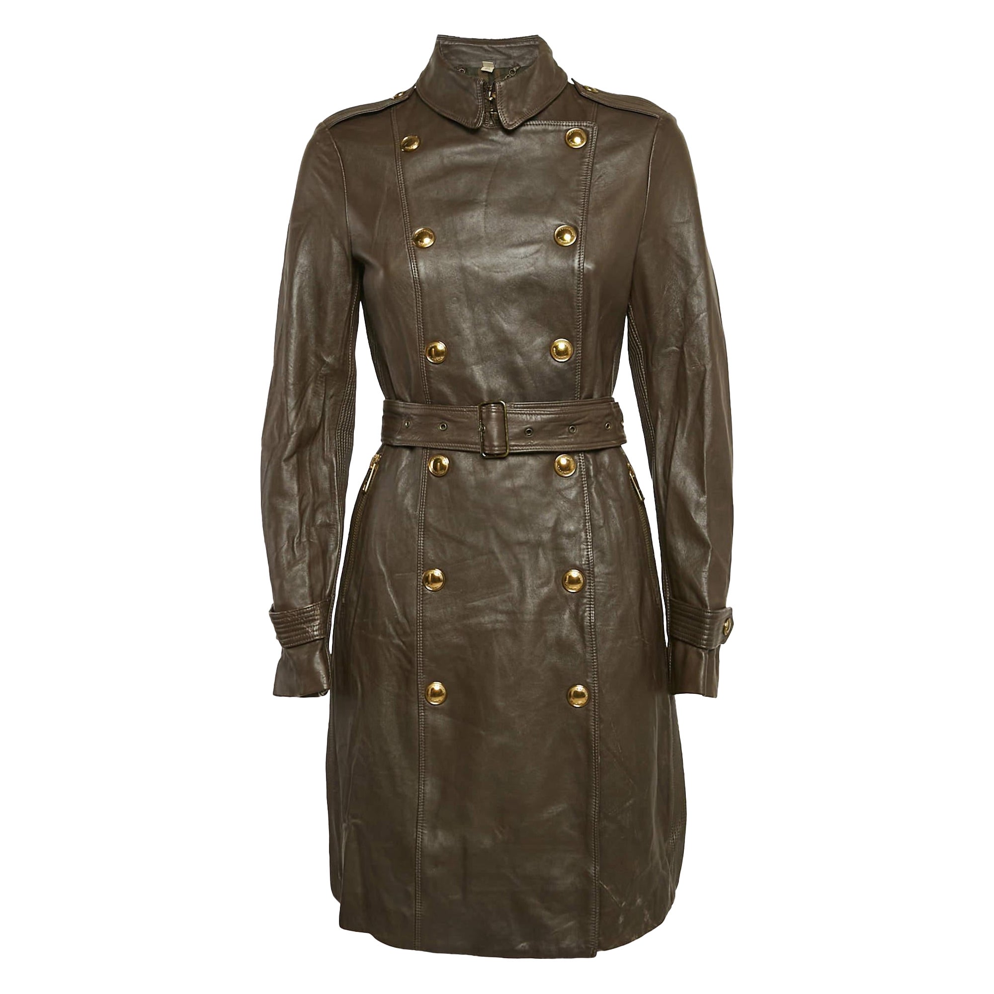 Burberry Brown Leather Double Breasted Trench Coat S