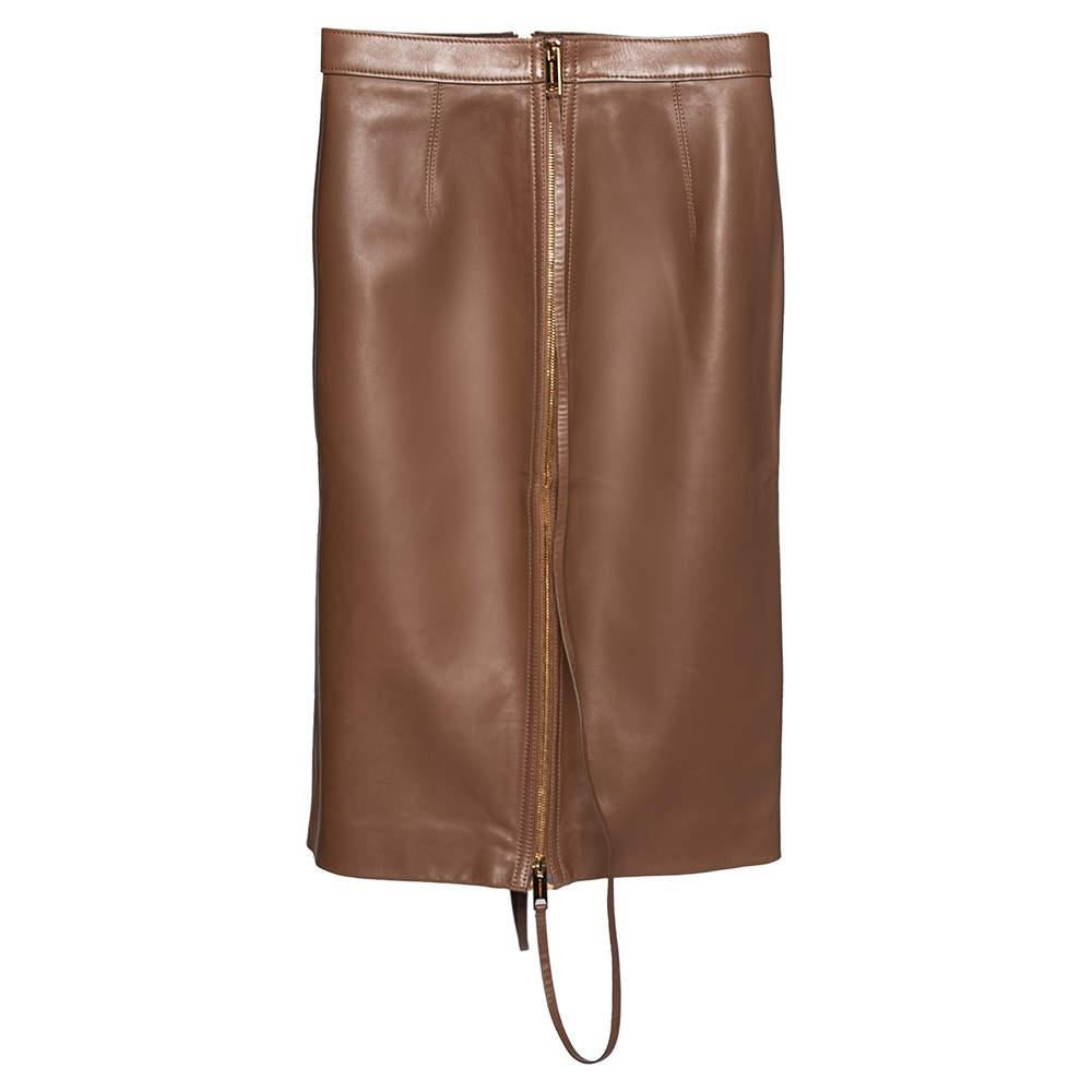 Burberry Brown Leather Double Zip Pencil Midi Skirt XS In New Condition For Sale In Dubai, Al Qouz 2