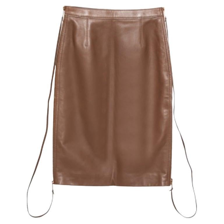 Burberry Falda lápiz midi de piel marrón con doble cremallera XS en venta