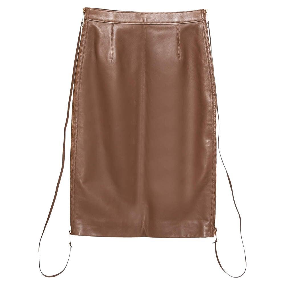 Burberry Brown Leather Double Zip Pencil Midi Skirt XS For Sale