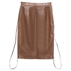 Used Burberry Brown Leather Double Zip Pencil Midi Skirt XS