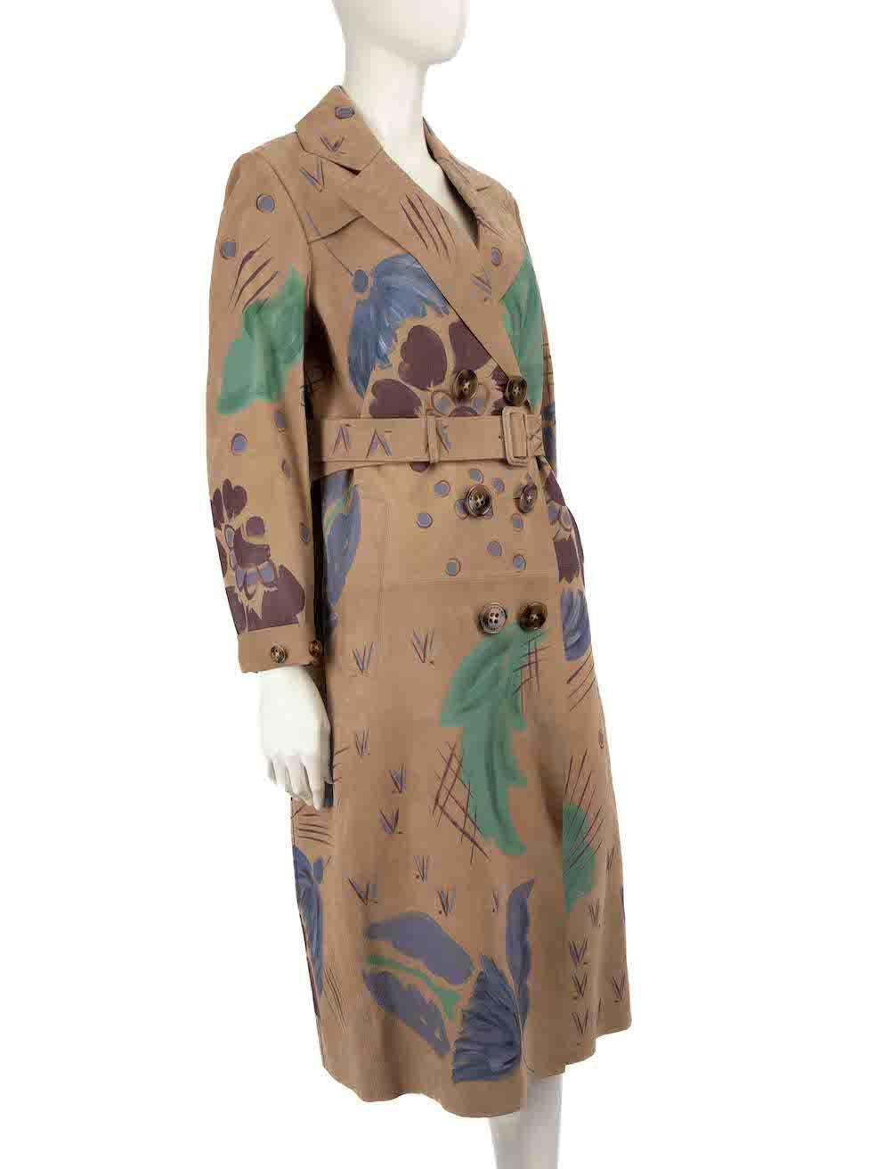 CONDITION is Never worn, with tags. No visible wear to coat is evident on this new Burberry designer resale item.
 
 
 
 Details
 
 
 Brown
 
 Leather
 
 Long trench coat
 
 Floral painted pattern
 
 Double breasted
 
 Button up fastening
 
 2x Side