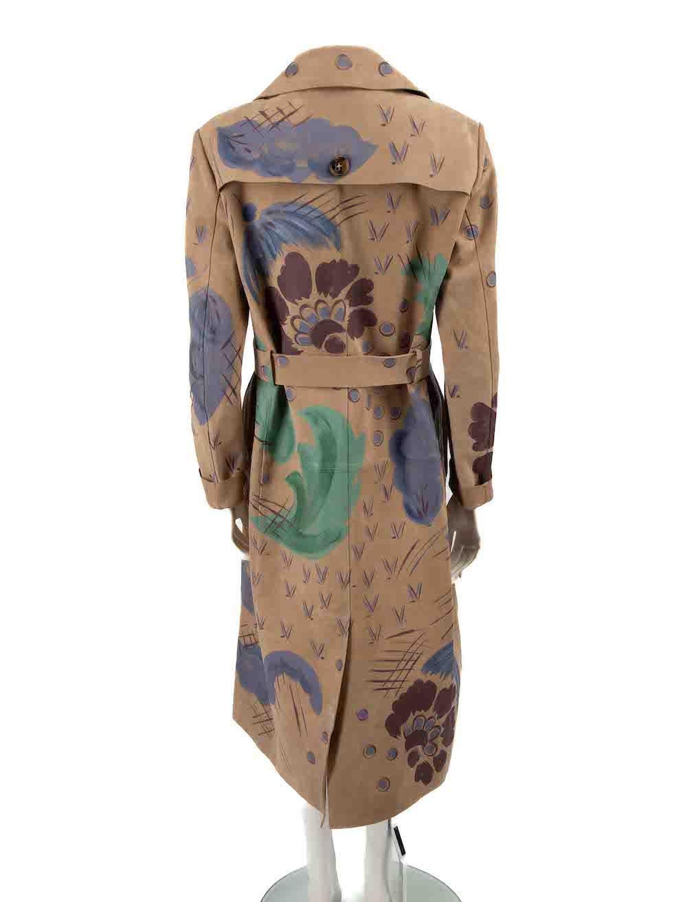 Burberry Brown Leather Floral Painted Trench Coat Size XL In New Condition For Sale In London, GB