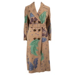 Burberry Brown Leather Floral Painted Trench Coat Size XL