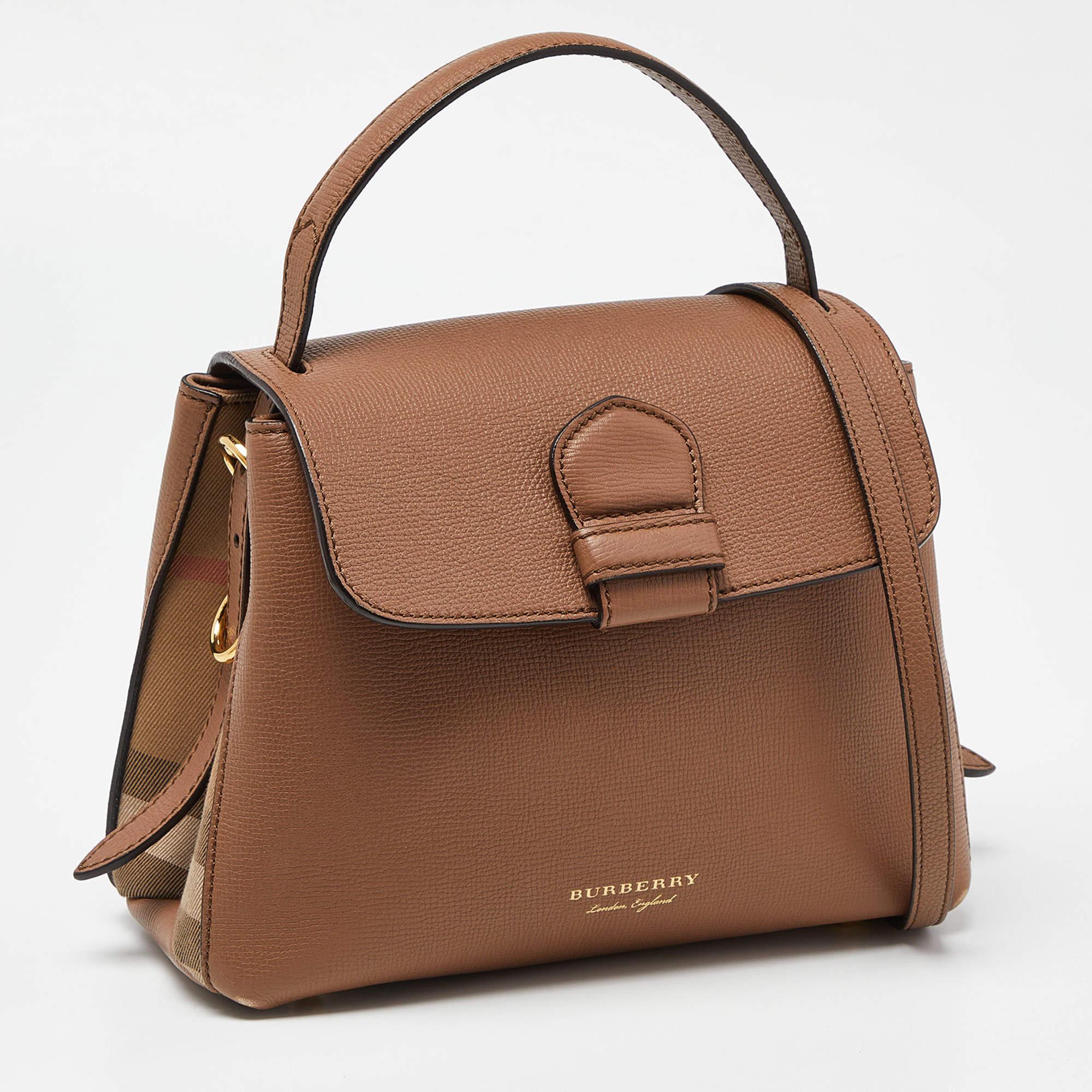 Burberry Brown Leather House Check Canvas Camberley Top Handle Bag In Good Condition In Dubai, Al Qouz 2