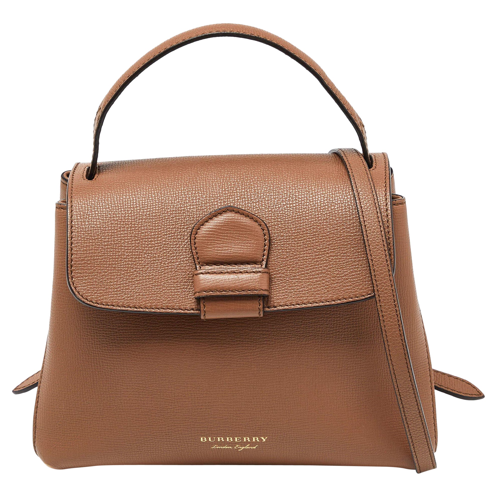 Burberry Brown Leather House Check Canvas Camberley Top Handle Bag