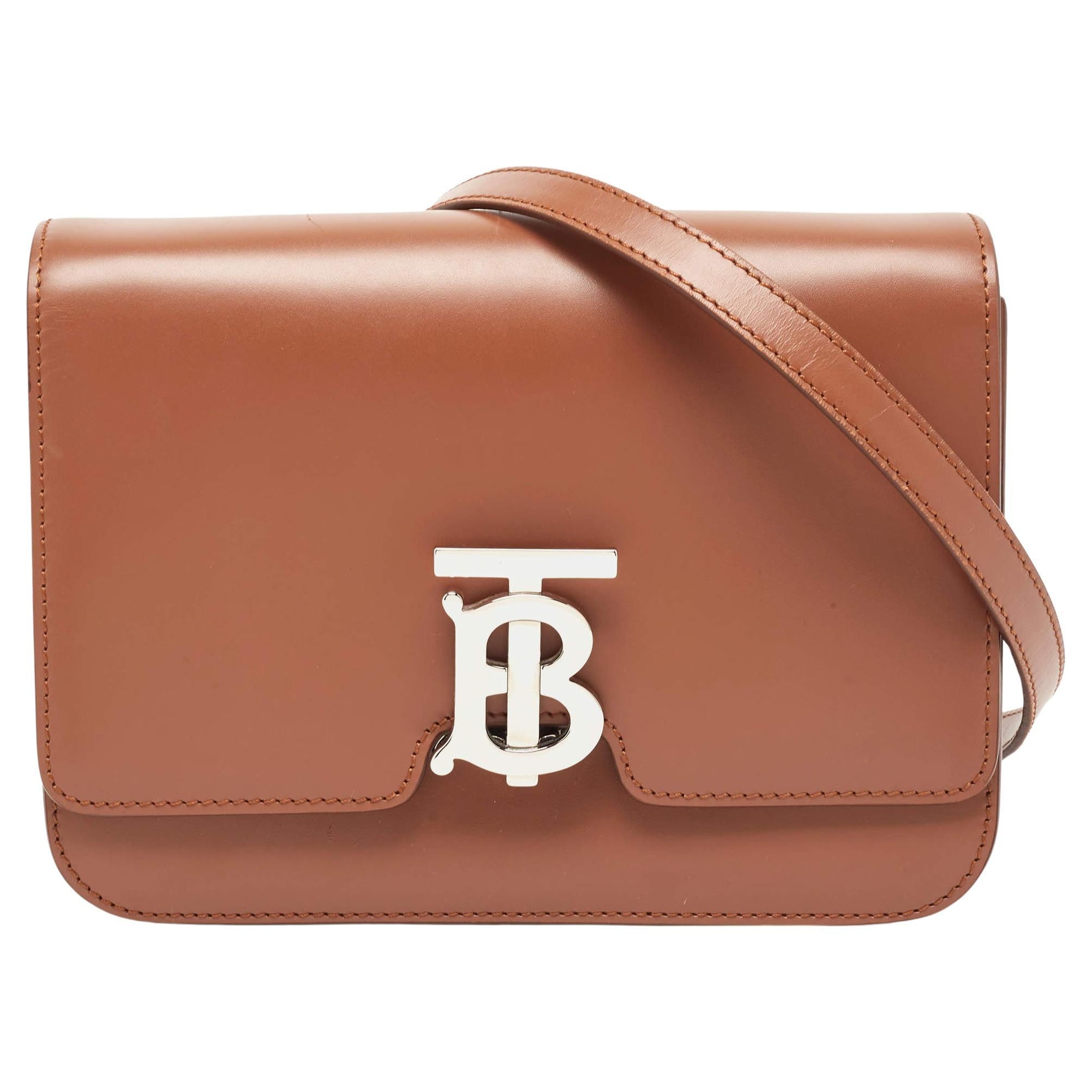 Burberry Brown Leather Small TB Shoulder Bag For Sale