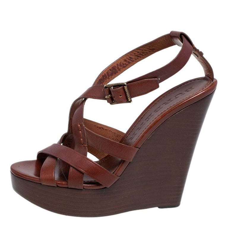 Burberry Brown Leather Strappy Clog Wedge Platform Sandals Size 38 For Sale  at 1stDibs