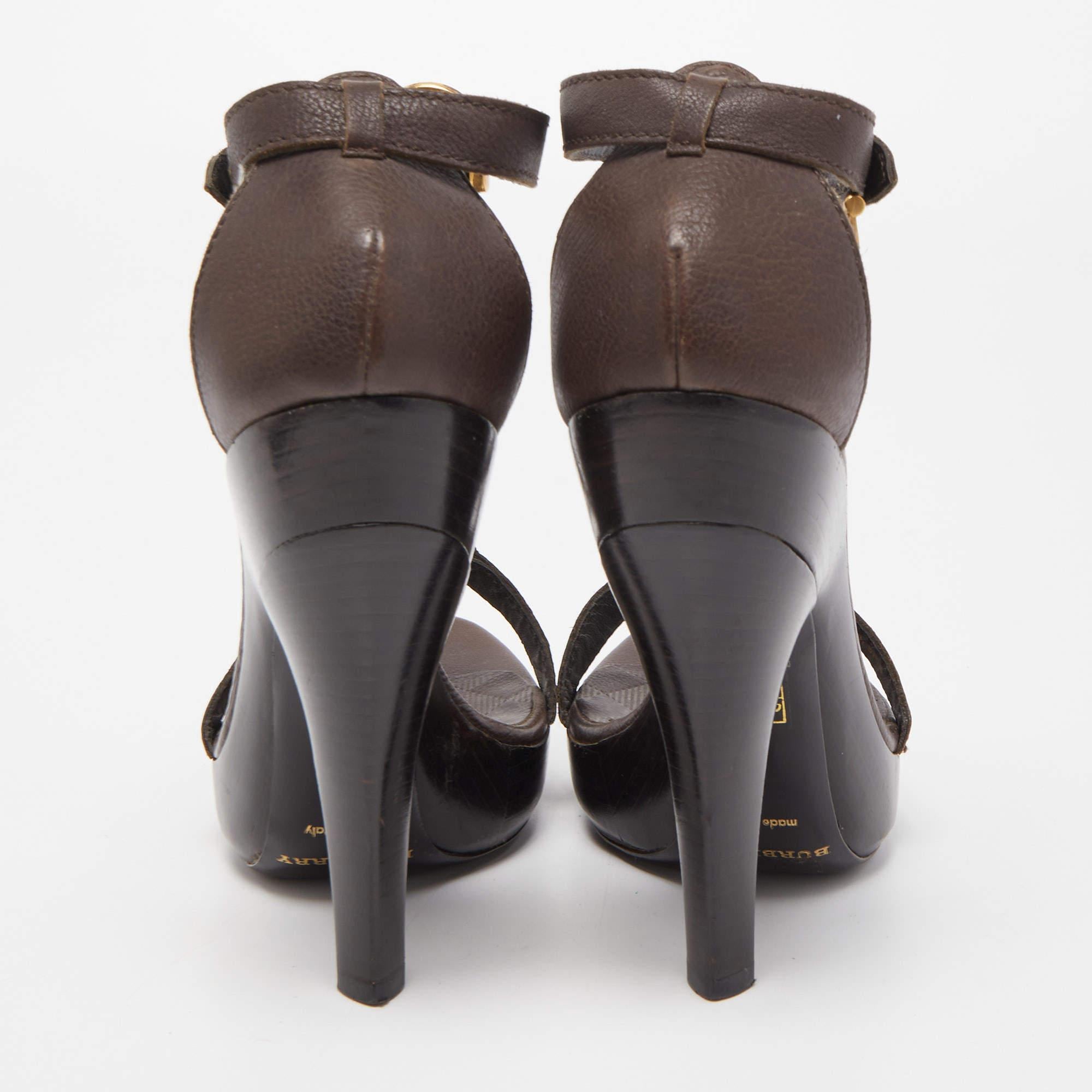 Burberry Brown Leather T Ankle Strap Platform Sandals Size 38 For Sale 1