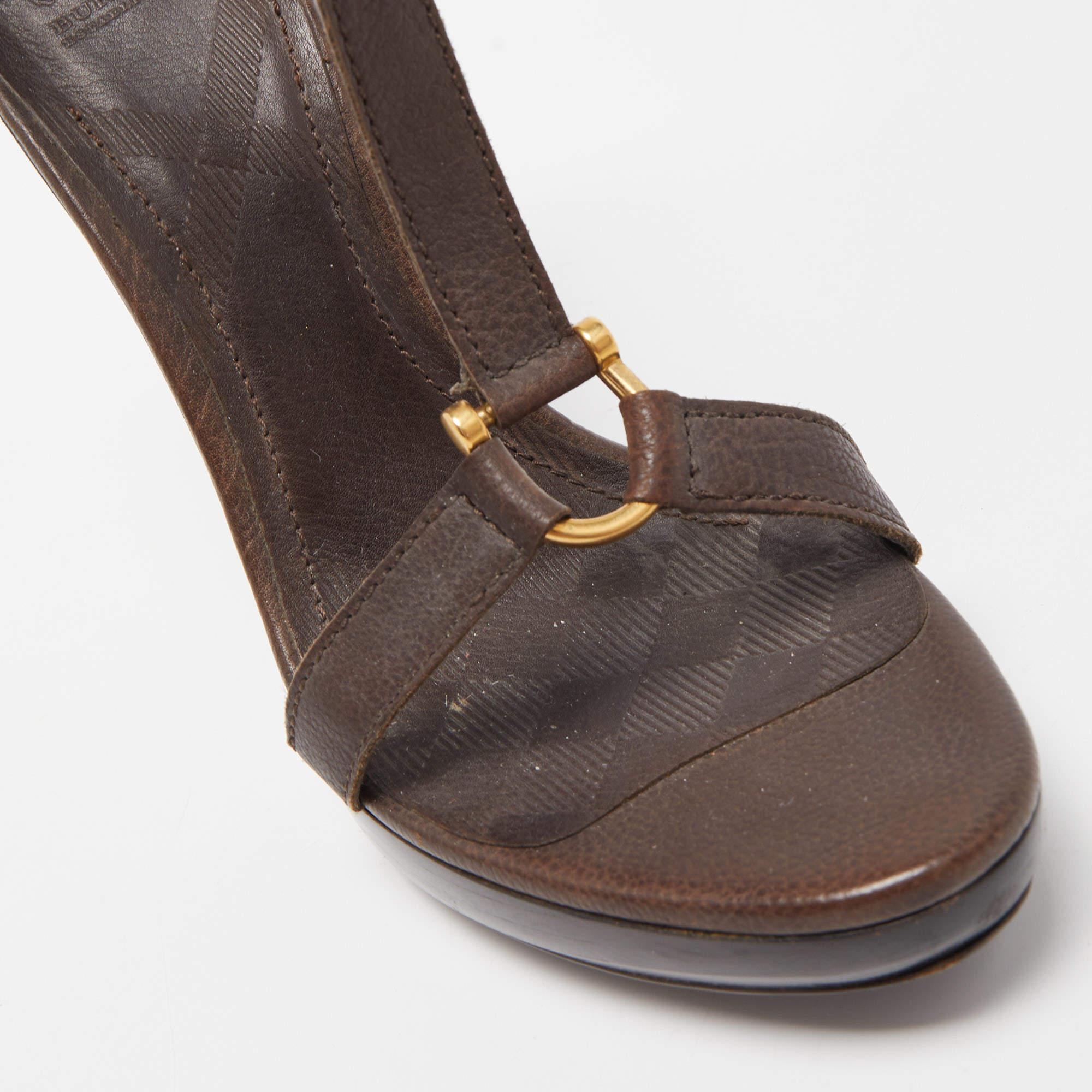 Burberry Brown Leather T Ankle Strap Platform Sandals Size 38 For Sale 3