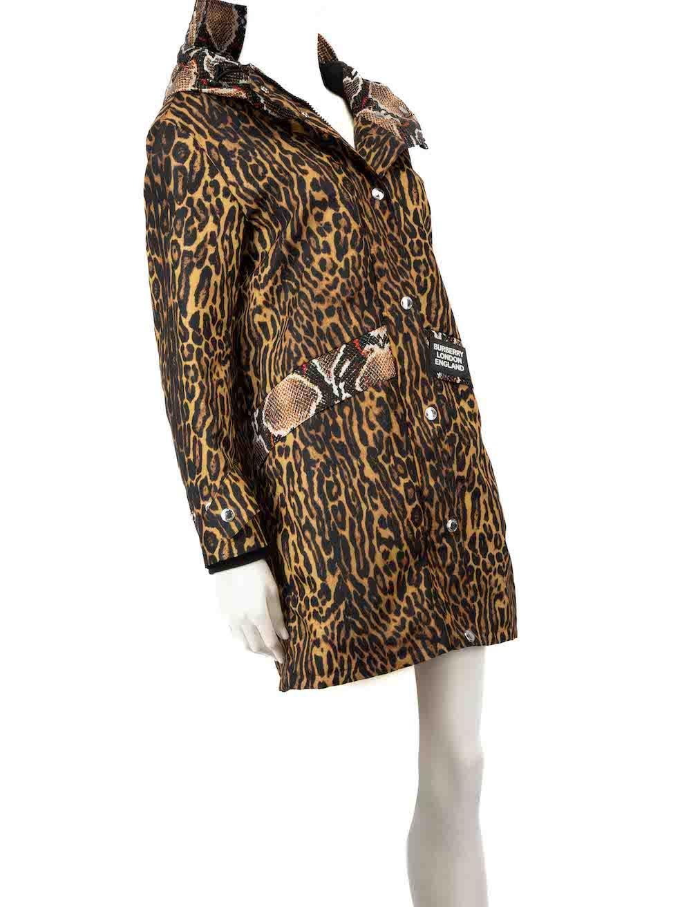 CONDITION is Very good. Hardly any visible wear to the parka is evident on this used Burberry designer resale item.
 
 
 
 Details
 
 
 Brown
 
 Synthetic
 
 Parka coat
 
 Leopard print body
 
 Snake print hood and trim
 
 Zip and snap button