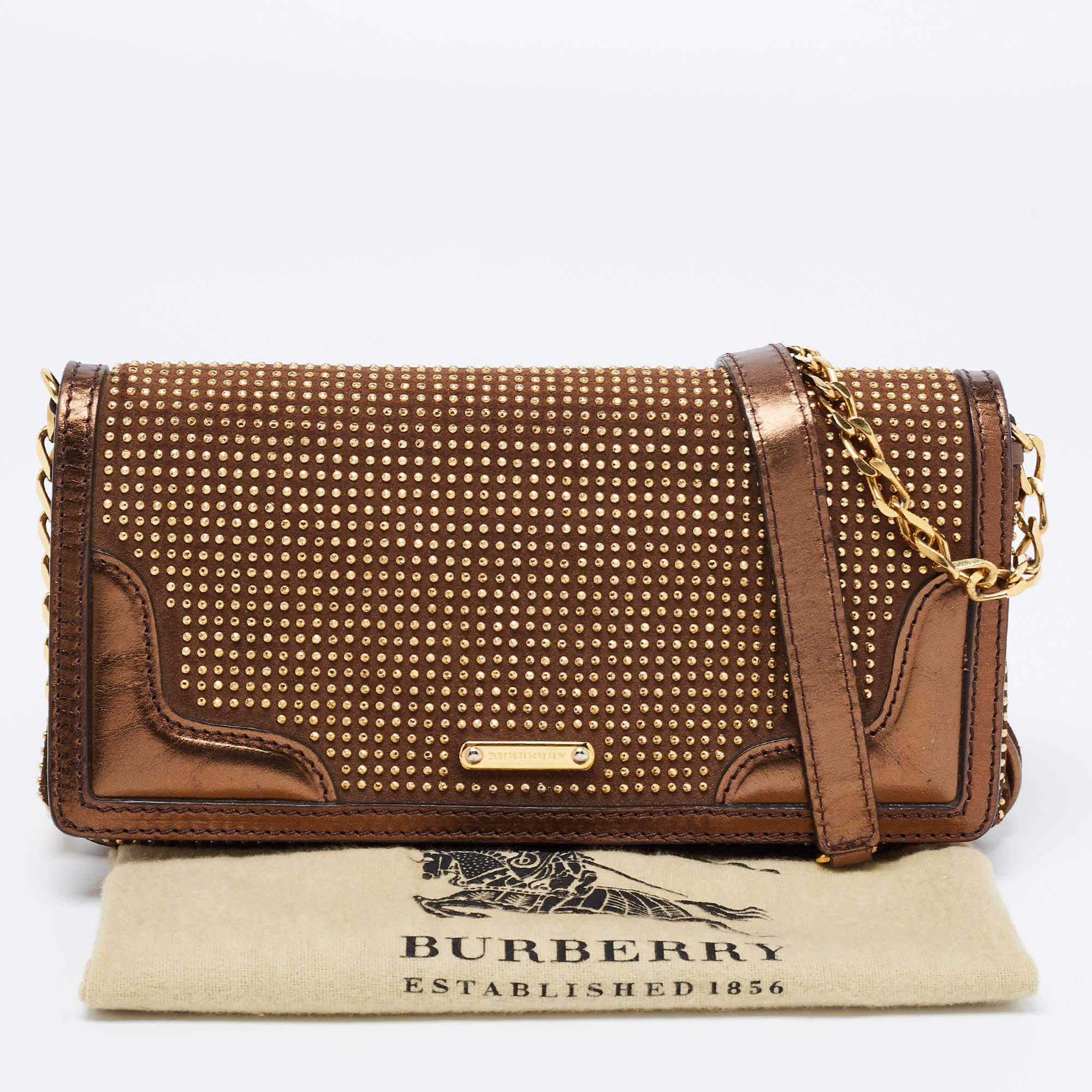 Burberry Brown/Metallic Bronze Studded Patent Leather and Suede Flap Shoulder Ba For Sale 10