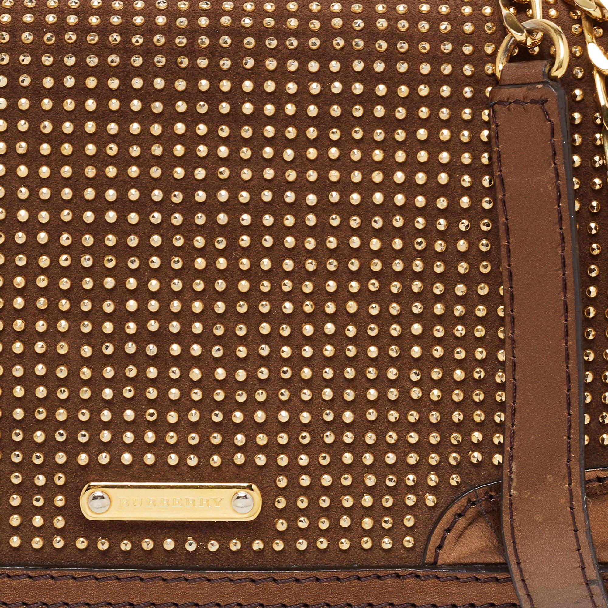 Burberry Brown/Metallic Bronze Studded Patent Leather and Suede Flap Shoulder Ba For Sale 5