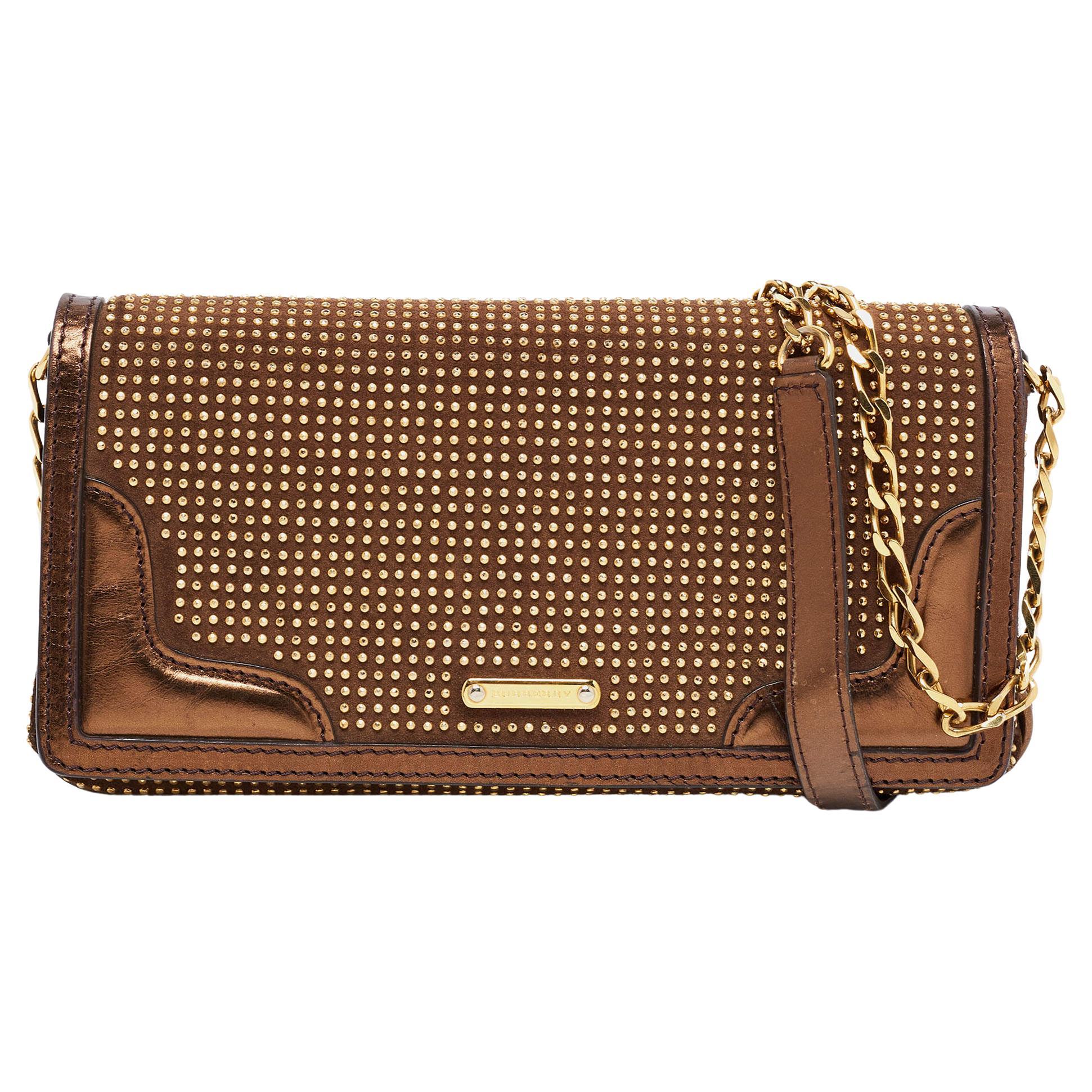 Burberry Brown/Metallic Bronze Studded Patent Leather and Suede Flap Shoulder Ba For Sale