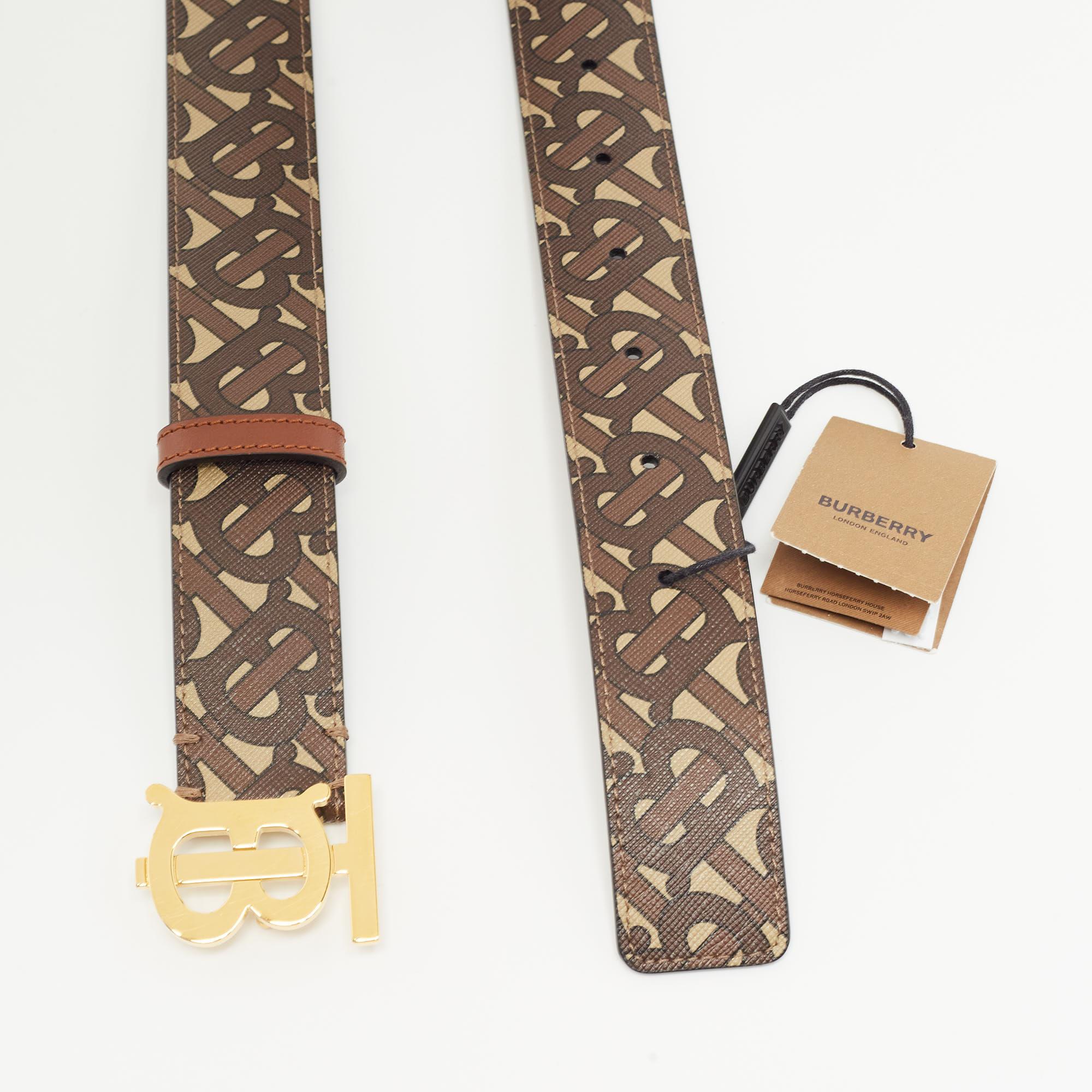 Black Burberry Brown Monogram Coated Canvas and Leather TB Buckle Belt S