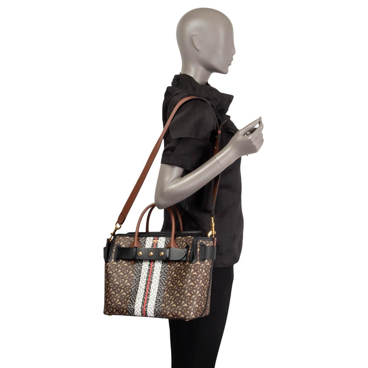 Women's BURBERRY brown MONOGRAM STRIPE E-CANVAS SMALL BELTED TOTE Bag