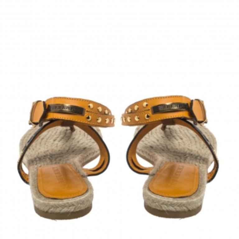 Women's Burberry Brown/Mustard Yellow Leather Studded Thong Ankle Strap Flats Size 39.5 For Sale