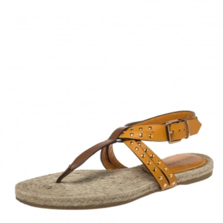 Burberry Brown/Mustard Yellow Leather Studded Thong Ankle Strap Flats Size 39.5 For Sale 3