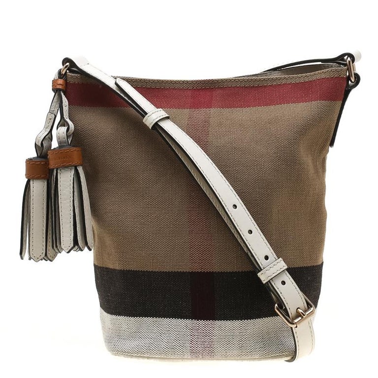 Burberry Brown Nova Canvas and Leather Mini Asby Tassel Bucket Crossbody Bag For Sale at 1stdibs
