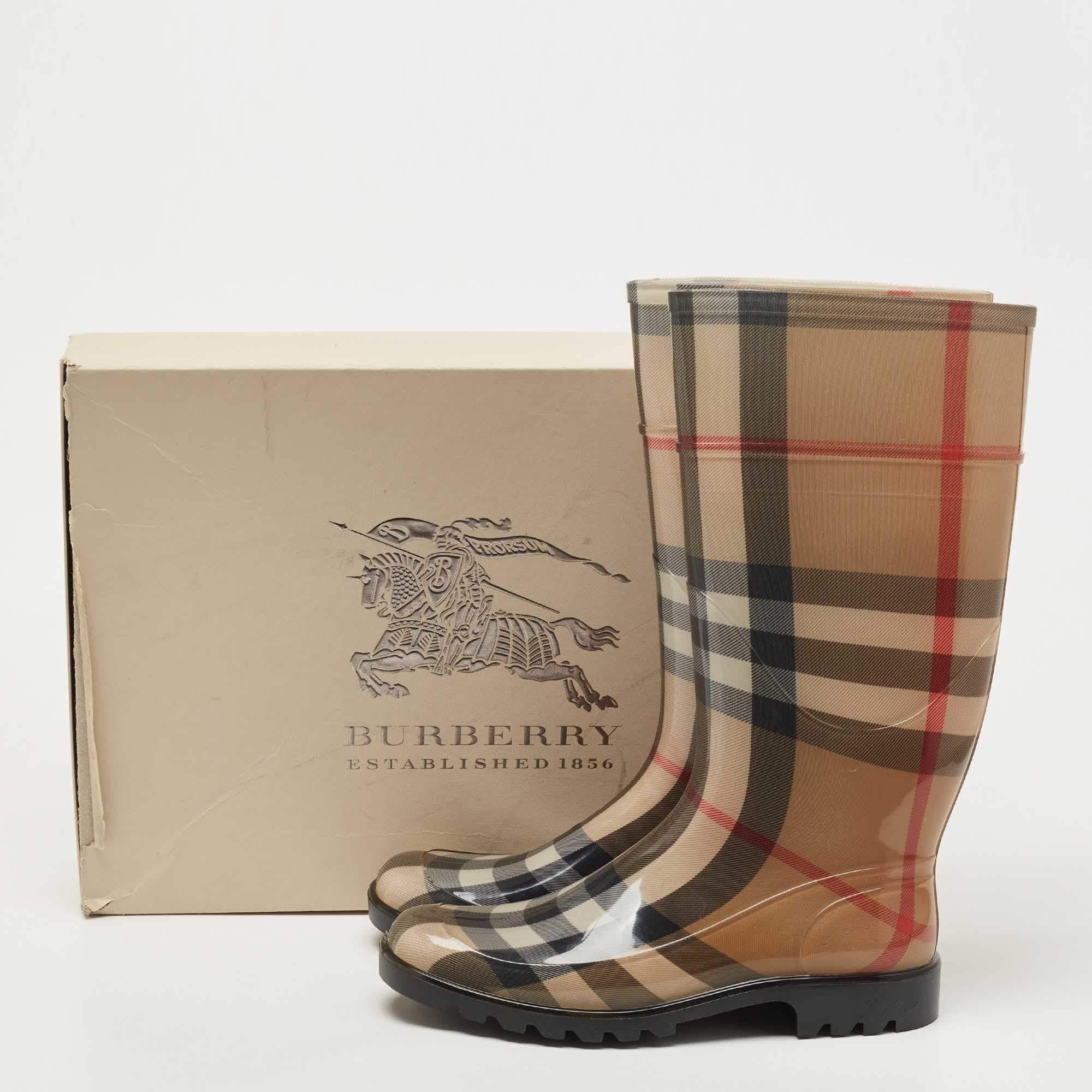 Burberry Brown Nova Check Rubber Rain Boots Size 41 6