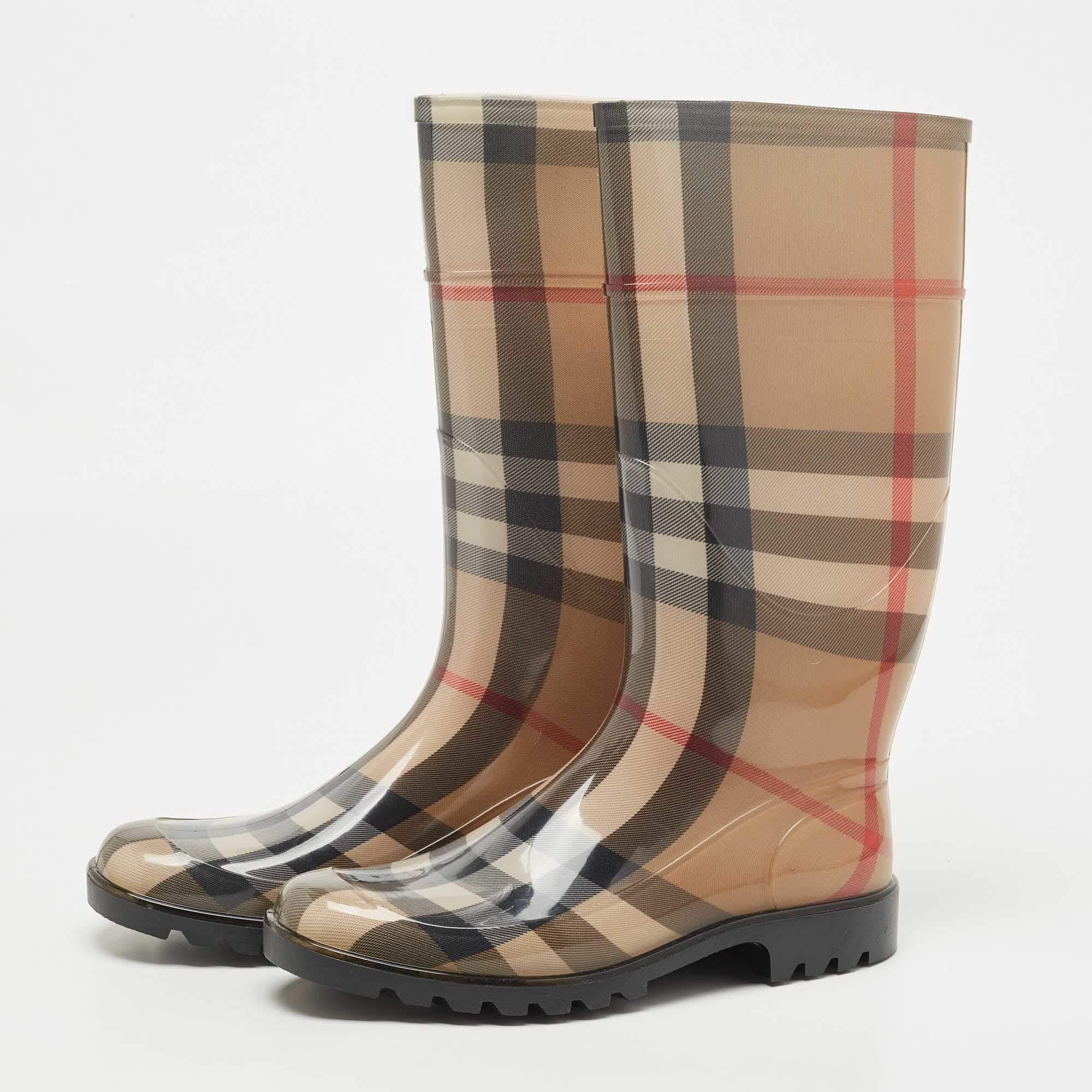 Burberry Brown Nova Check Rubber Rain Boots Size 41 3